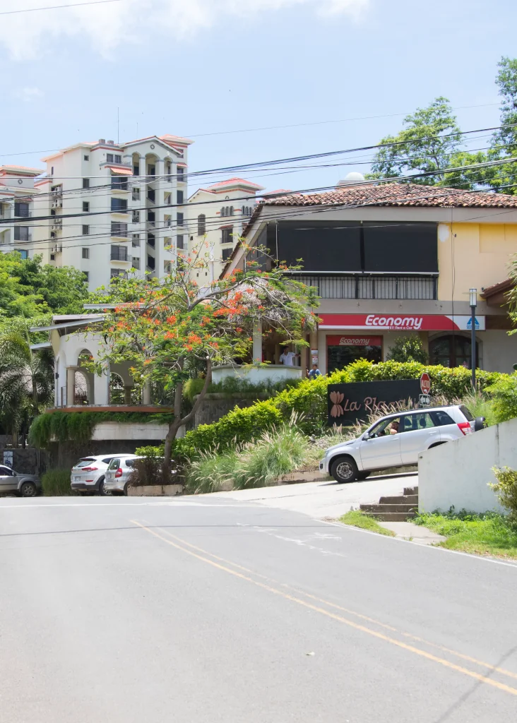 Street view of Playa Flamingo village center showing local businesses, residential buildings, and tropical vegetation along the main road, Guanacaste, Costa Rica