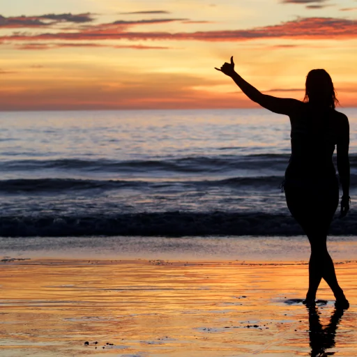 Silhouette of a person standing on Playa Flamingo beach at sunset, raising their hand in a shaka gesture, with warm orange and pink sky reflecting on the wet sand, Guanacaste, Costa Rica